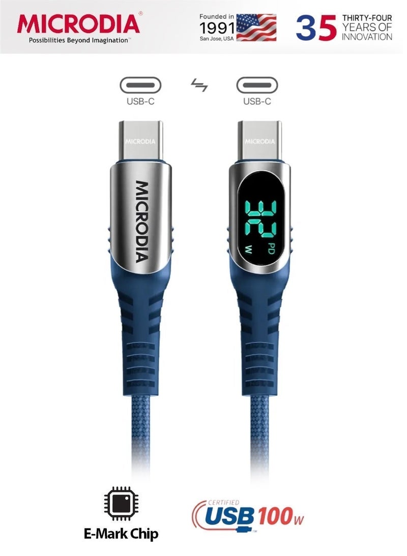 MICRODIA 【MICRODIA】 ExeCable 100W USB-C to USB-C Fast Charge Cable with Digital LCD Display, Kevlar Braided (1.3m / 2.6m) - Navy - Image 1